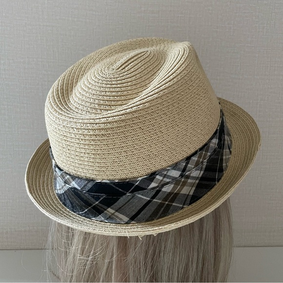 Mark Ecko Men’s Paper Straw Fedora, Navy Plaid Fabric Hat Band, size 23 … - Picture 4 of 8